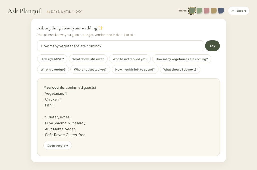 Ask Planquil answering: vegetarian count with dietary notes by guest name