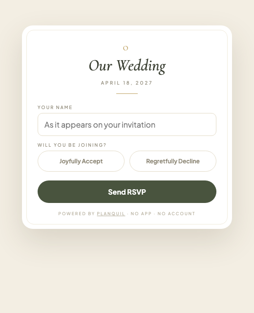 The elegant RSVP card your guests see — reply in 30 seconds from any phone