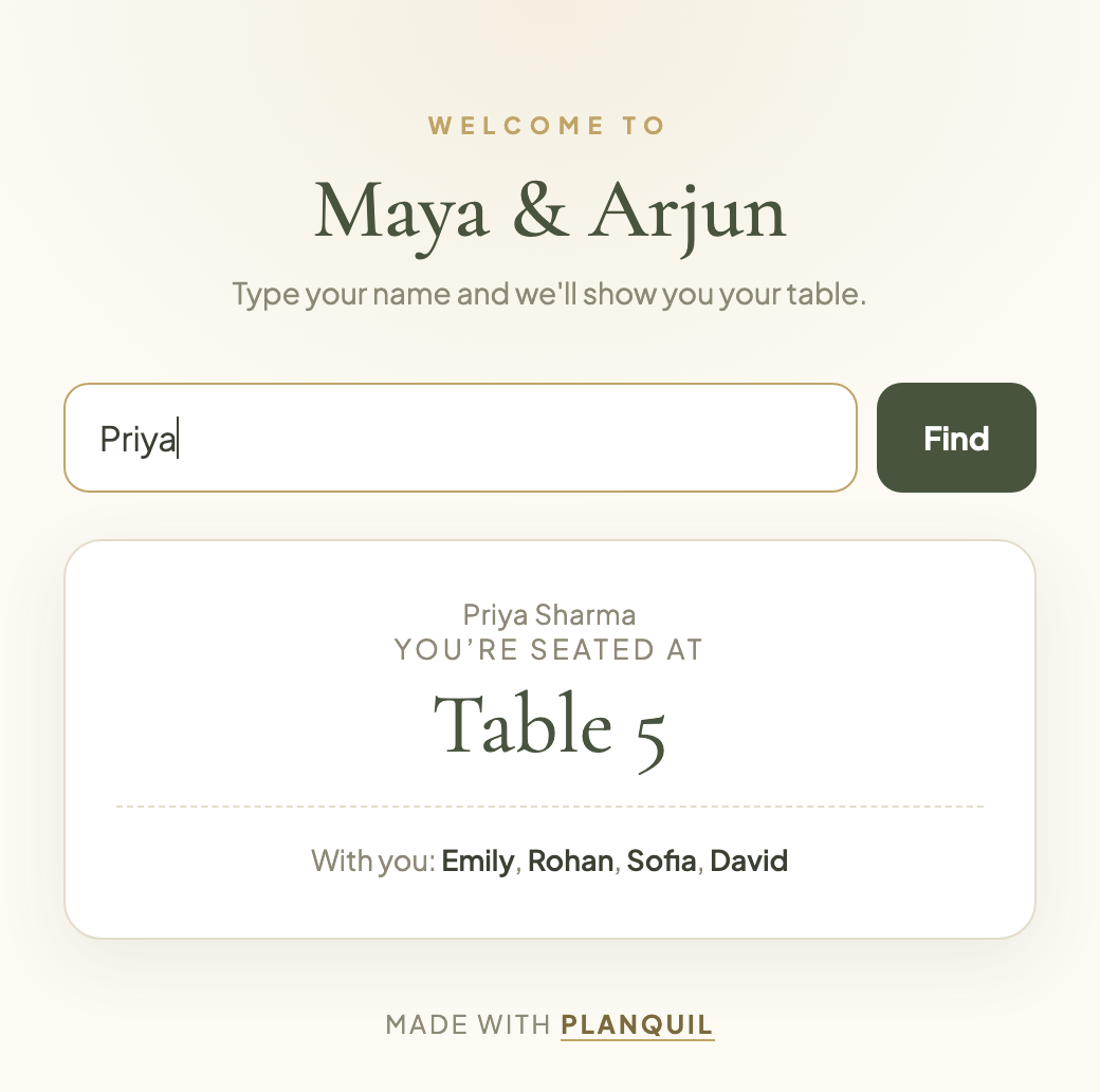 Planquil day-of seat finder — a guest types their name and sees their table